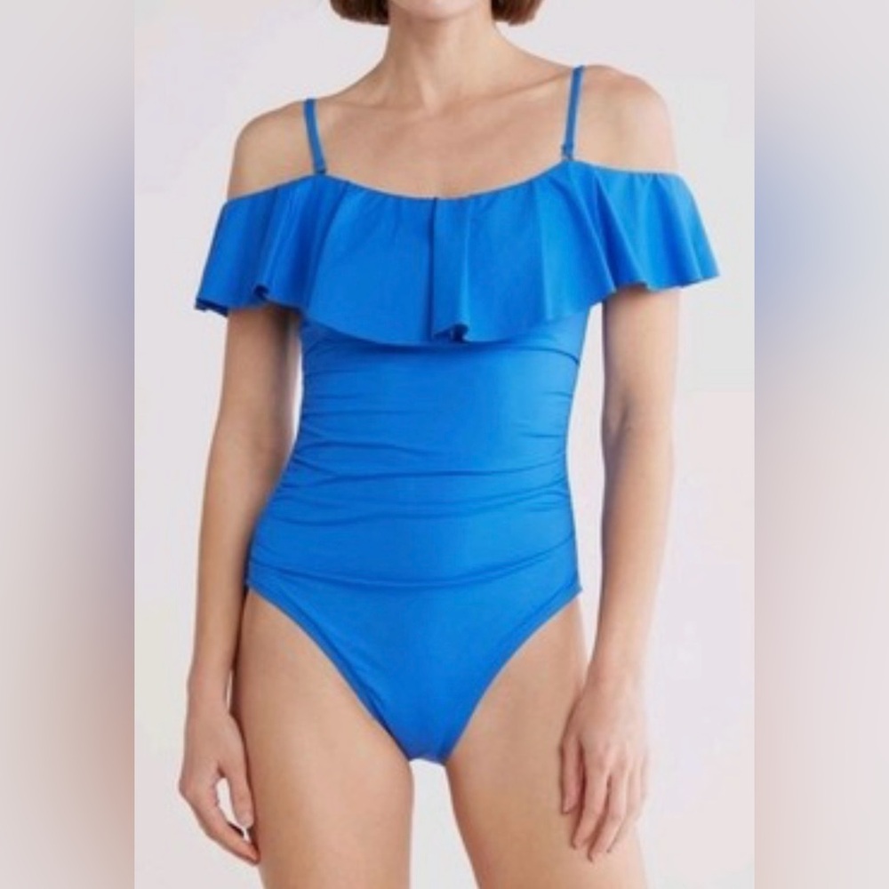 LaBlanca Size XL Blue Ruffled Convertible One Piece Swimsuit Tummy Control New